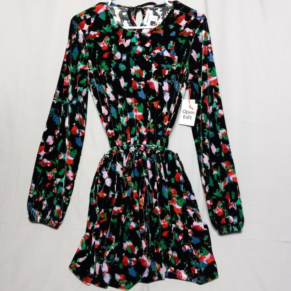 NWT Open Edit Open Cut Out Back‎ Velour Long Sleeve Skater Minidress Sz XS